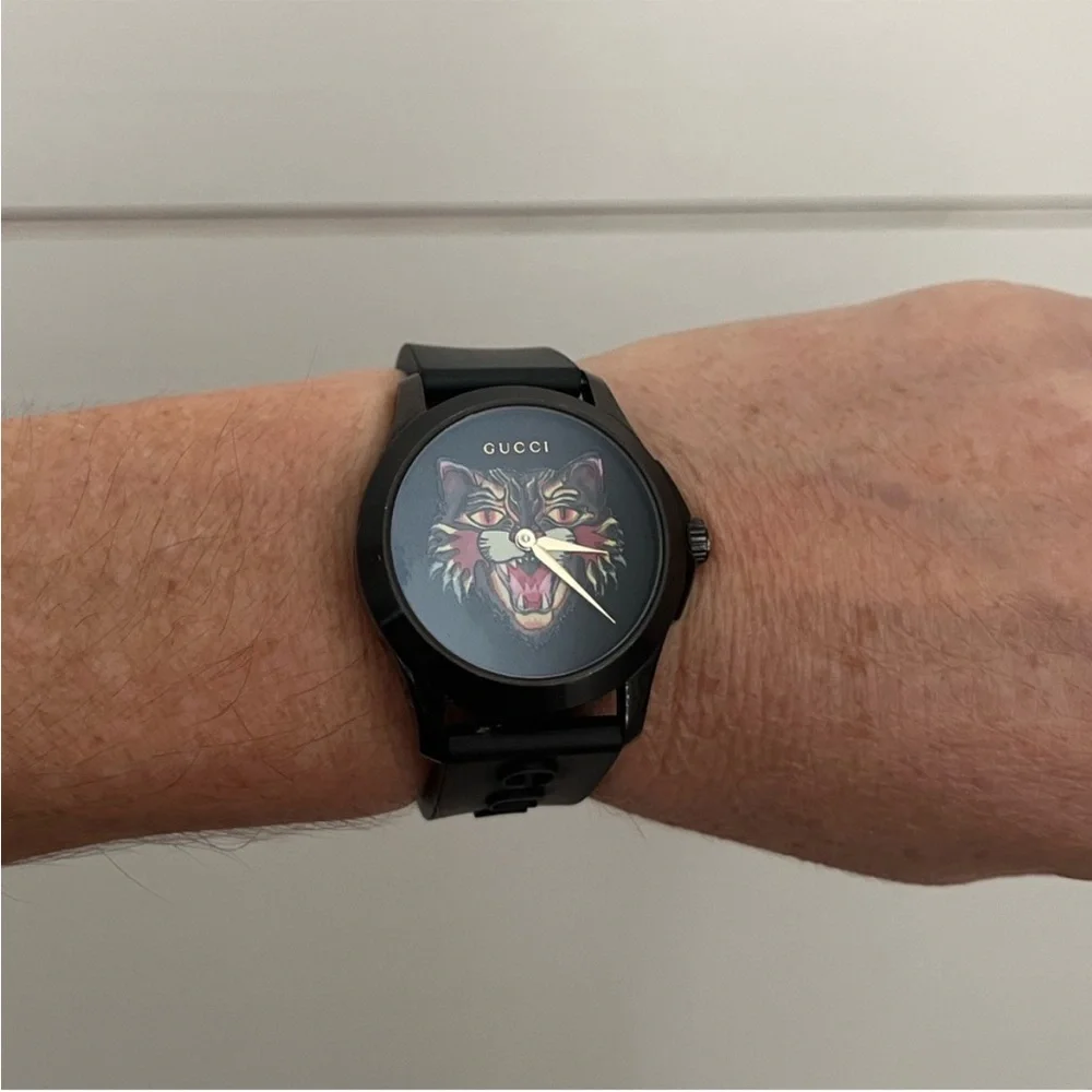 Gucci Black Watch with Multicolor Cat Face Dial